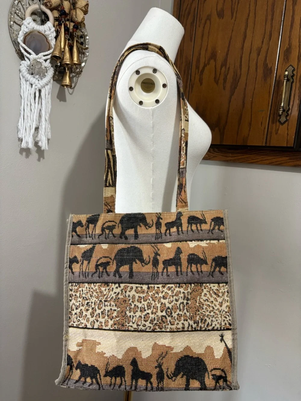 Jade Safari Shoulder Tote in Tan & Brown African Print Elephants Leopard Zebra